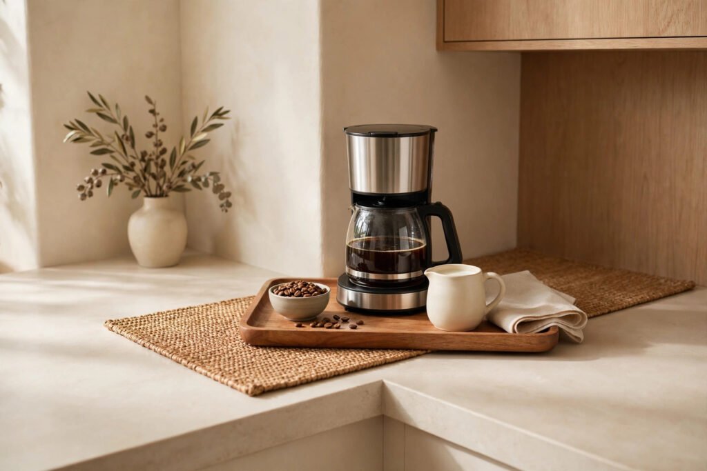 Drip coffee maker on a wooden tray with beans and creamer in a bright corner nook