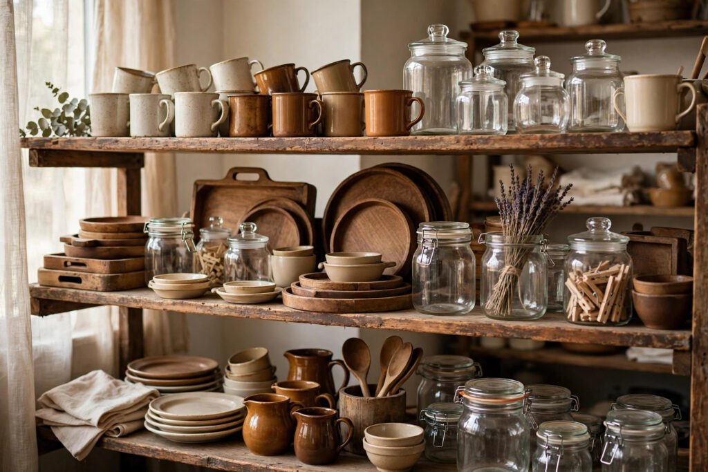 Thrifted wooden shelf styled with mismatched mugs, glass jars and trays