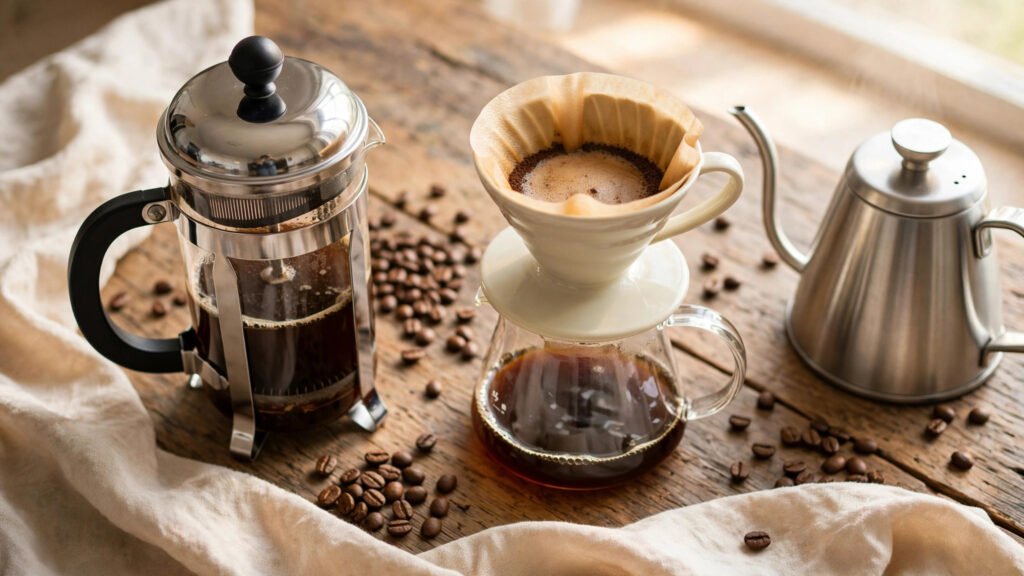 French press and pour over V60 with gooseneck kettle and coffee beans on a wooden table