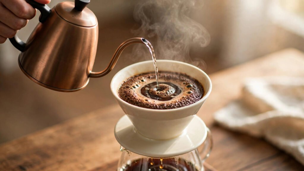 Pouring hot water from a gooseneck kettle into a pour over dripper