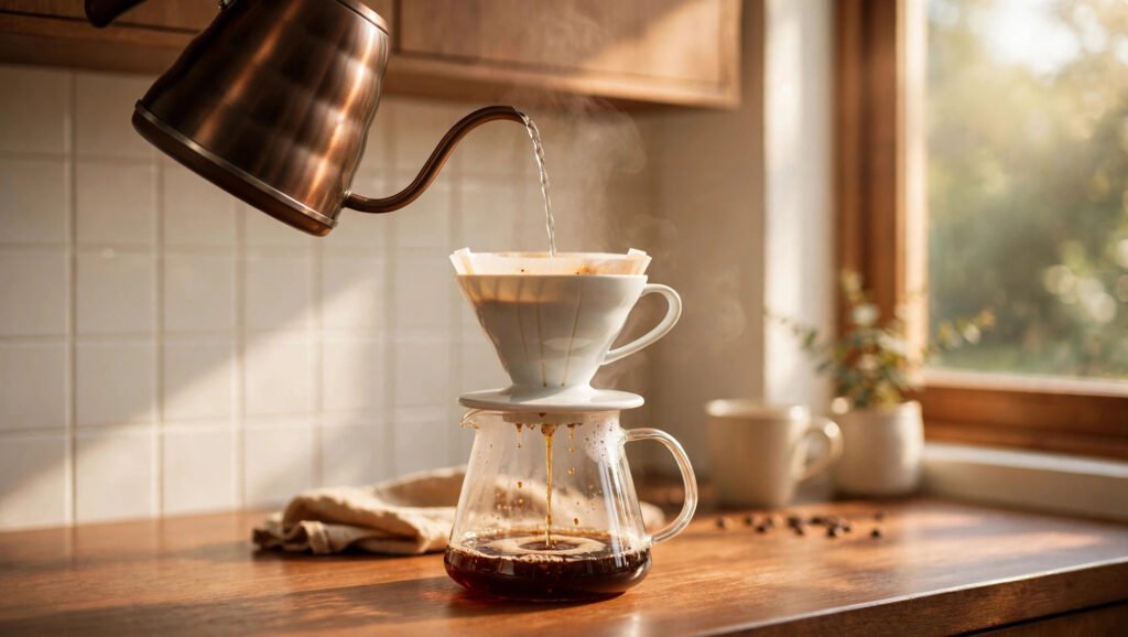 Gooseneck kettle pouring hot water over coffee grounds in a pour-over dripper