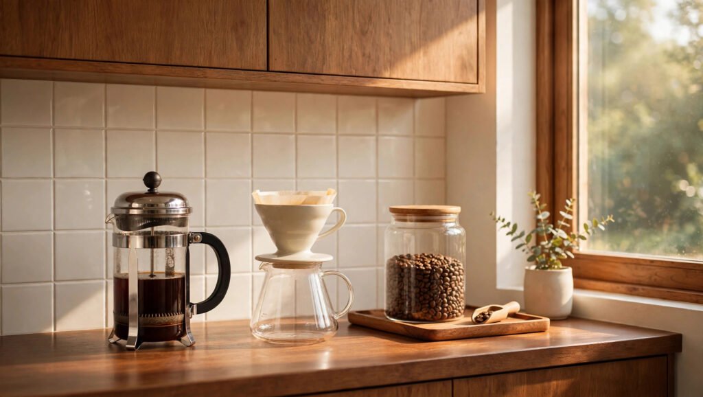 French press, pour-over dripper and a jar of coffee beans side by side on a counter