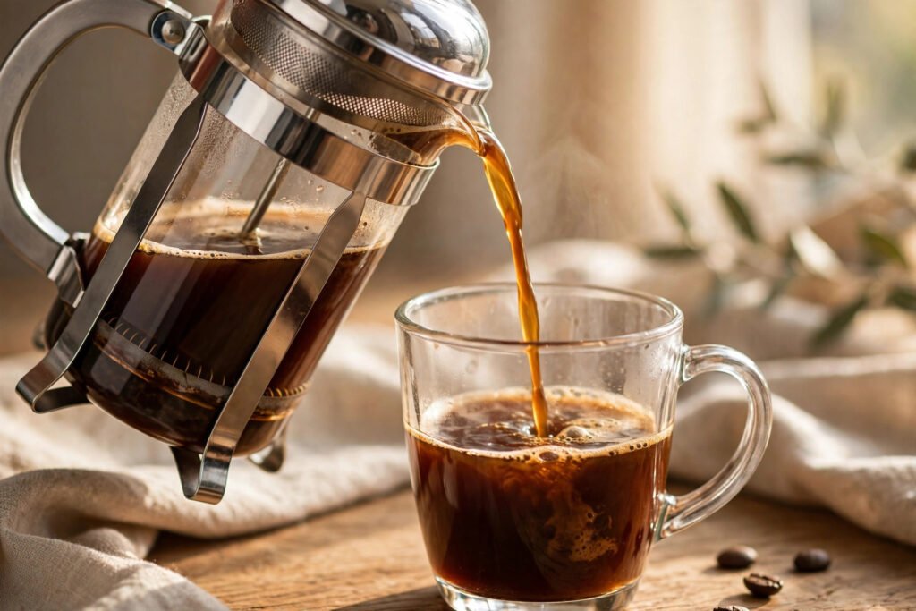 French press pouring rich dark coffee into a clear glass mug