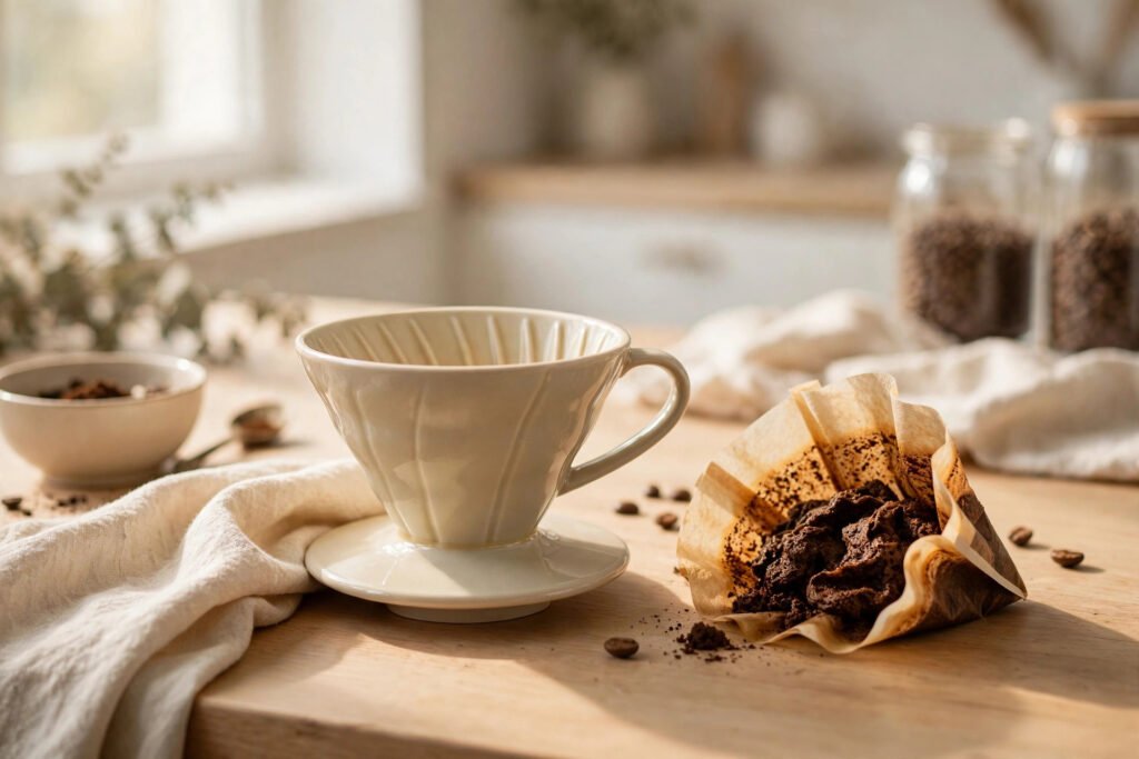 Pour-over dripper beside a used paper filter full of coffee grounds